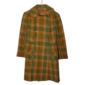 Vintage Junior Gallery 70s Tartan Plaid Double Breasted Coat Green Orange Brown